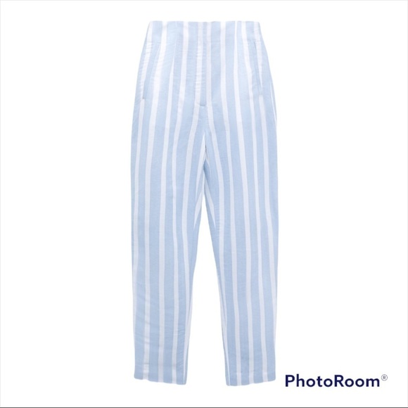 NWT ZARA Blue White Striped Linen Blend High Rise Cropped Trousers Size Medium - Picture 5 of 11